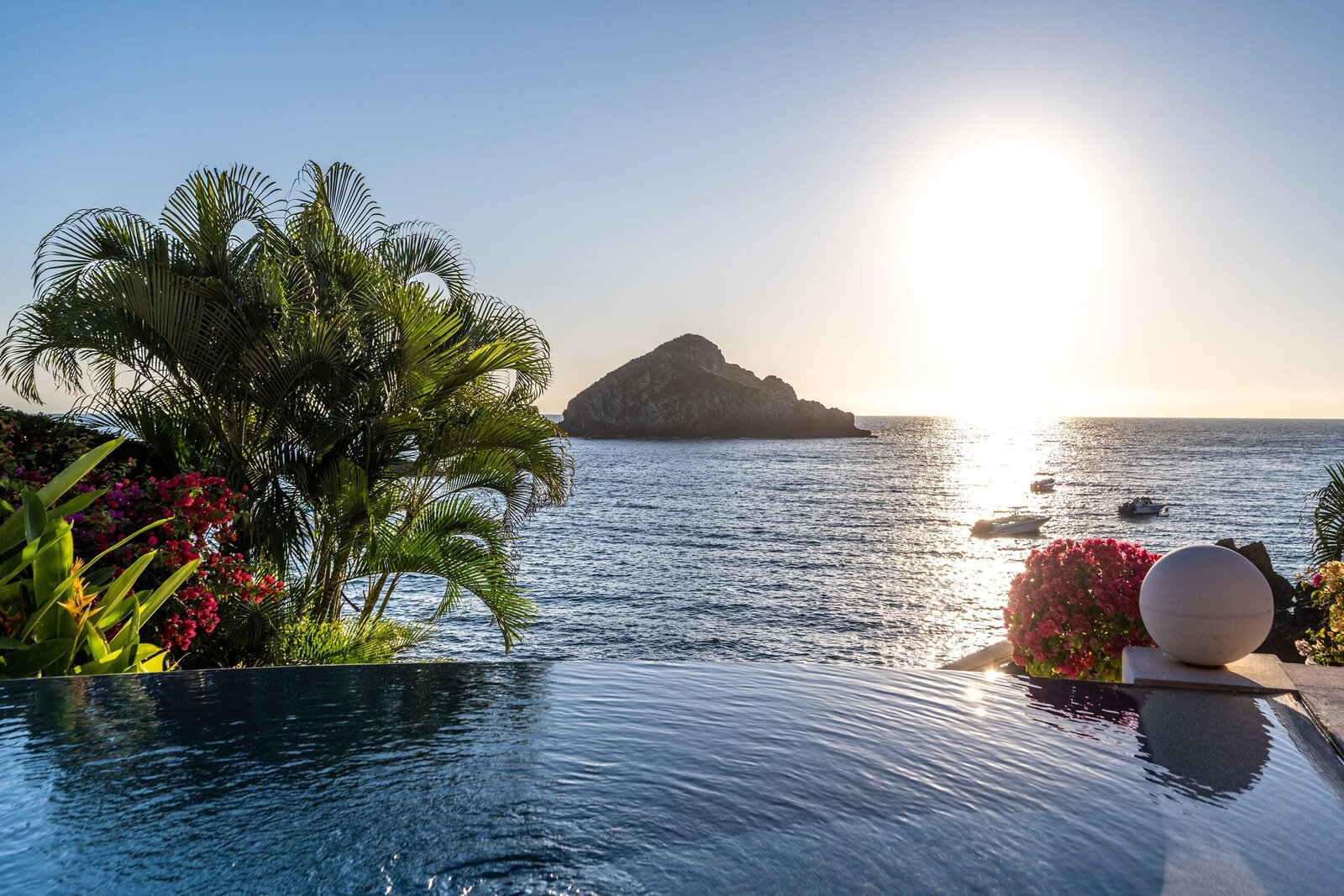 Pacific coastline with palm tree and ocean island